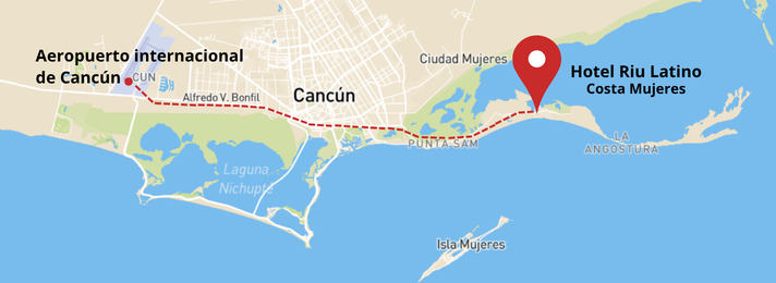 Ruta entre el Aeropuerto Internacional de Cancún y el Hotel Riu Latino en Costa Mujeres.